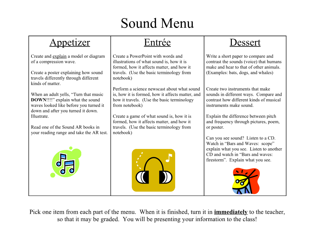 Pick One Item from Each Part of the Menu. When It Is Finished, Turn It in Immediately To