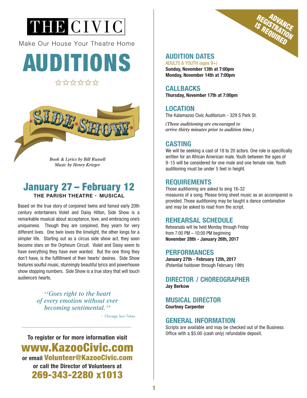 AUDITION DATES ADULTS & YOUTH (Ages 9+) AUDITIONS Sunday, November 13Th at 7:00Pm Monday, November 14Th at 7:00Pm ✩✩✩✩✩✩ CALLBACKS Thursday, November 17Th at 7:00Pm