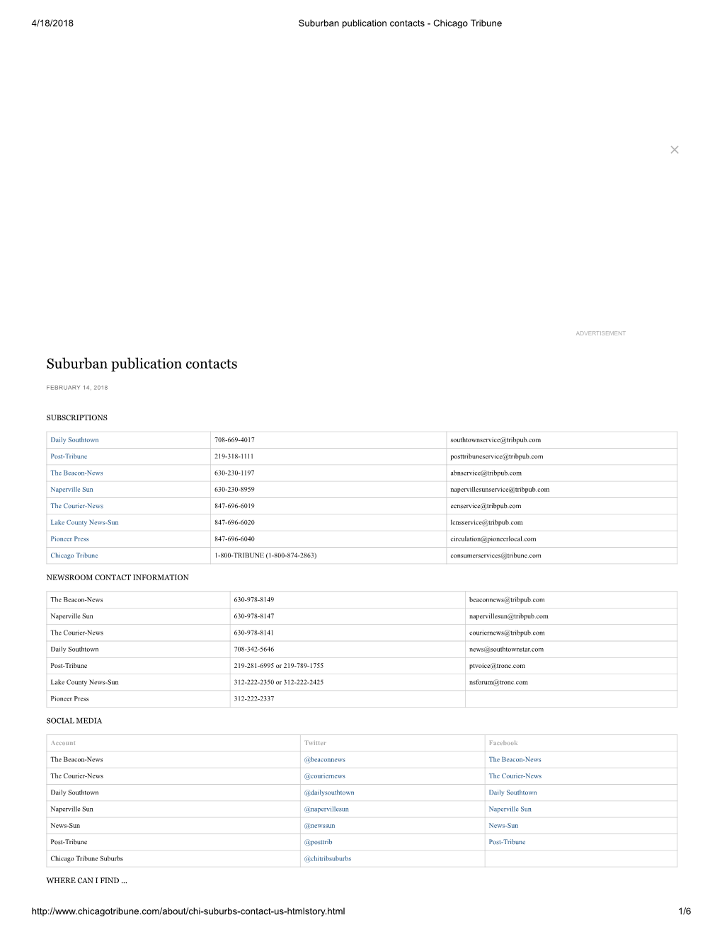 Suburban Publication Contacts - Chicago Tribune