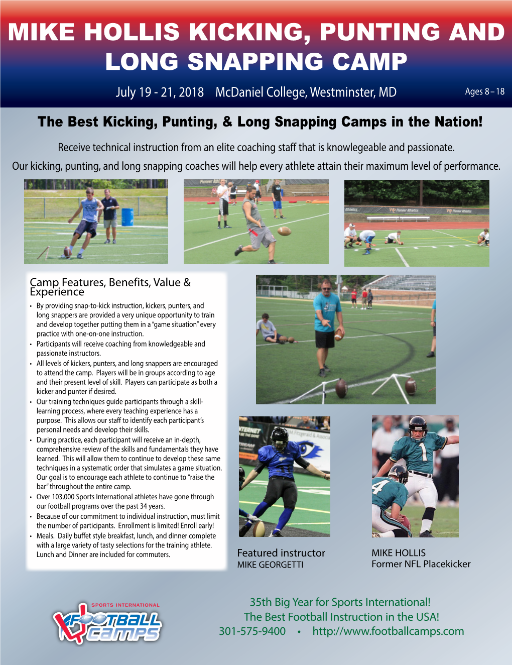 MIKE HOLLIS KICKING, PUNTING and LONG SNAPPING CAMP July 19 - 21, 2018 Mcdaniel College, Westminster, MD Ages 8 – 18