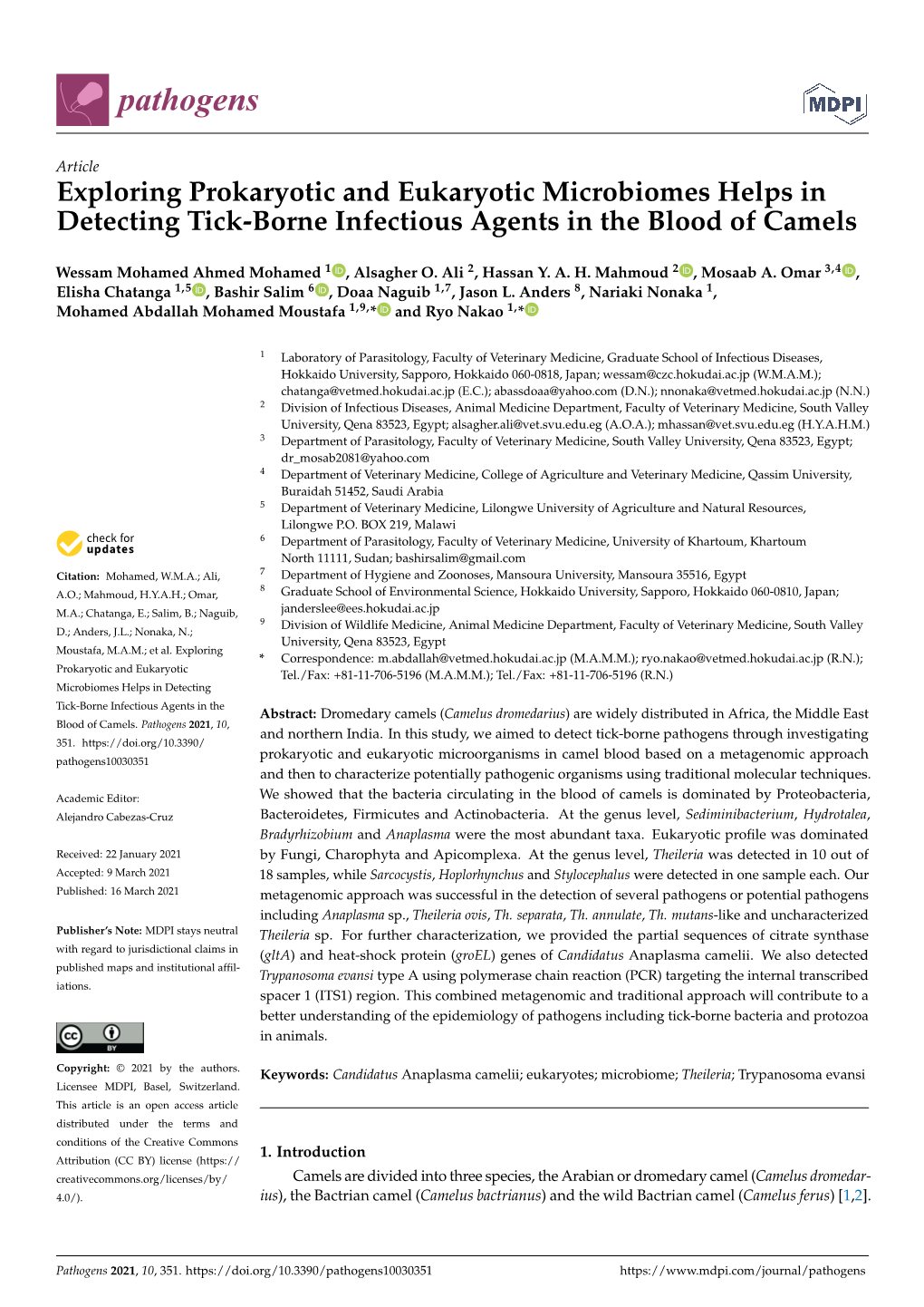 Exploring Prokaryotic and Eukaryotic Microbiomes Helps in Detecting Tick-Borne Infectious Agents in the Blood of Camels