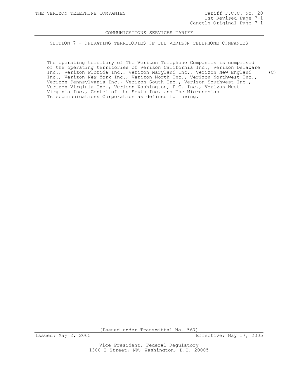 THE VERIZON TELEPHONE COMPANIES Tariff F.C.C. No. 20 1St Revised Page 7-1 Cancels Original Page 7-1