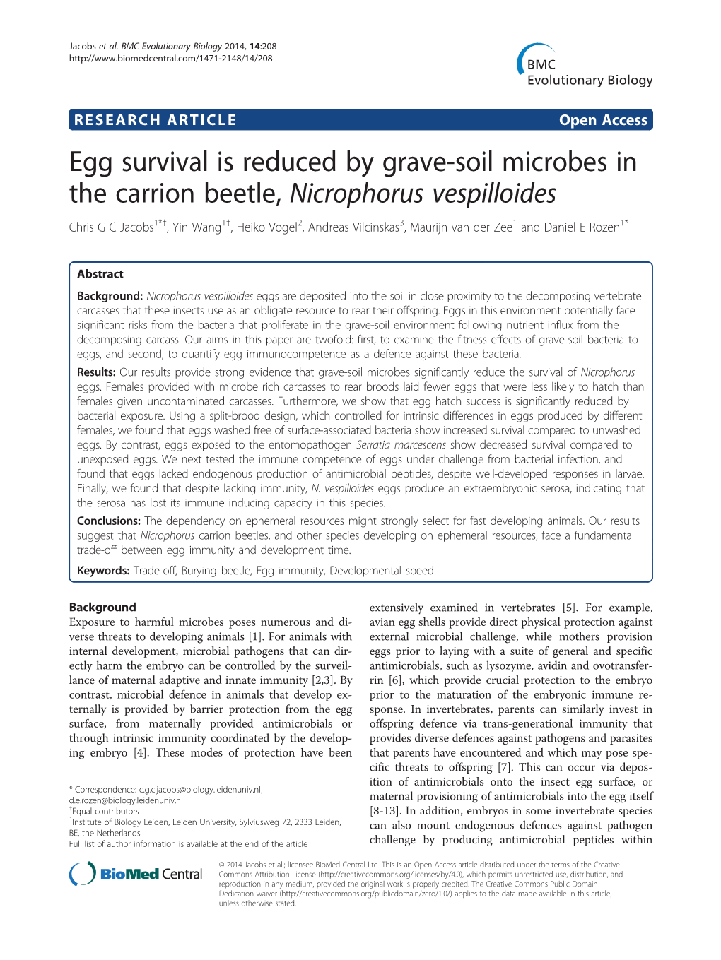 Egg Survival Is Reduced by Grave-Soil Microbes in the Carrion Beetle, Nicrophorus Vespilloides