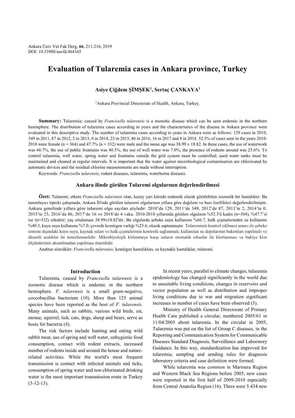 Evaluation of Tularemia Cases in Ankara Province, Turkey
