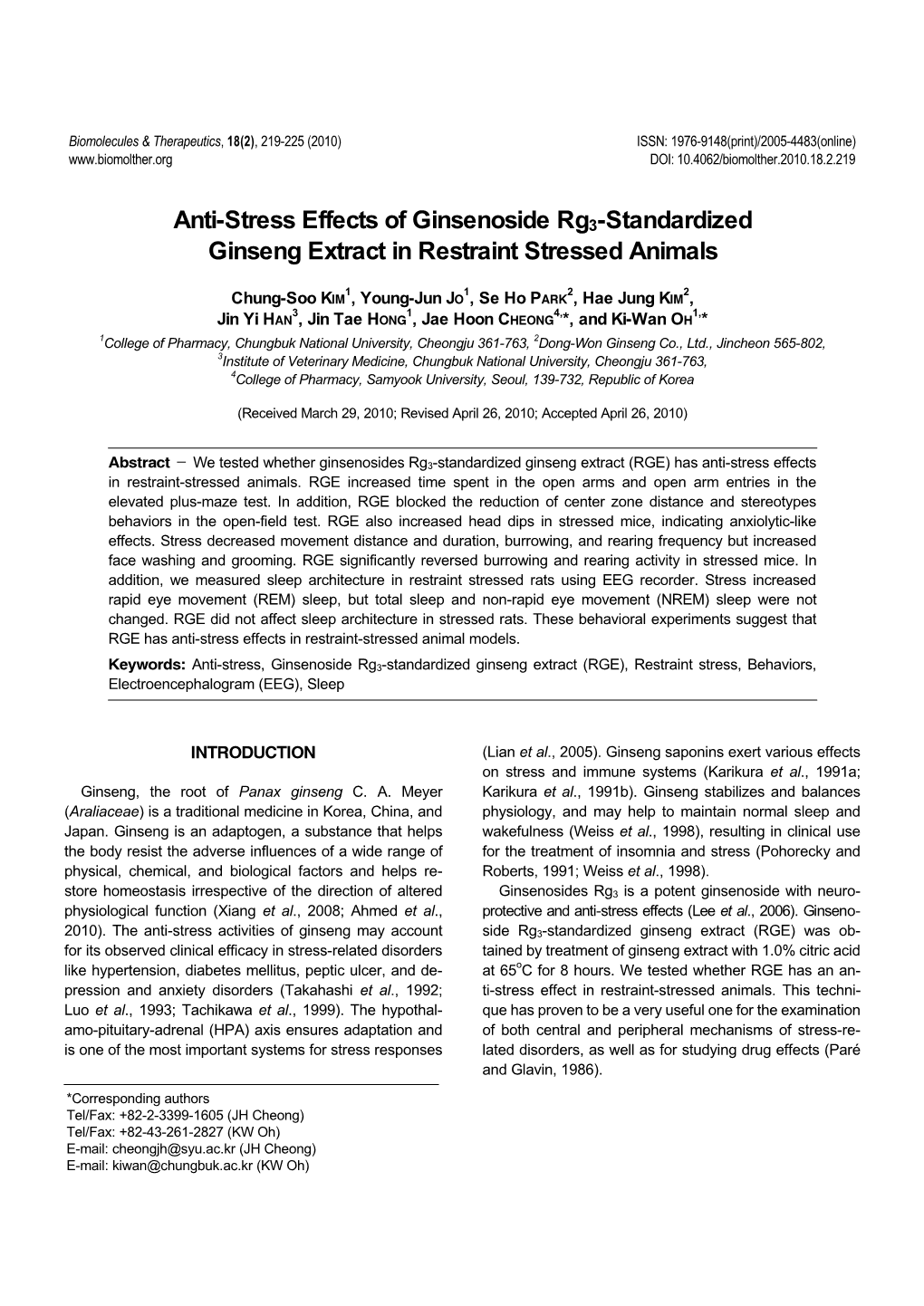 Anti-Stress Effects of Ginsenoside Rg3-Standardized Ginseng Extract in Restraint Stressed Animals