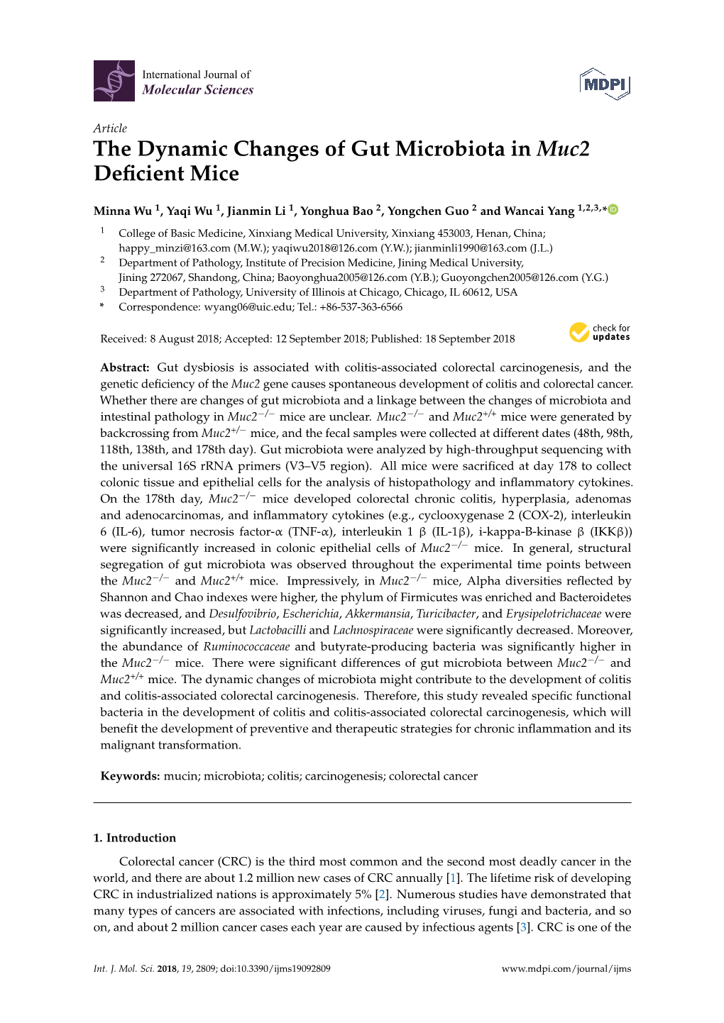 The Dynamic Changes of Gut Microbiota in Muc2 Deficient Mice