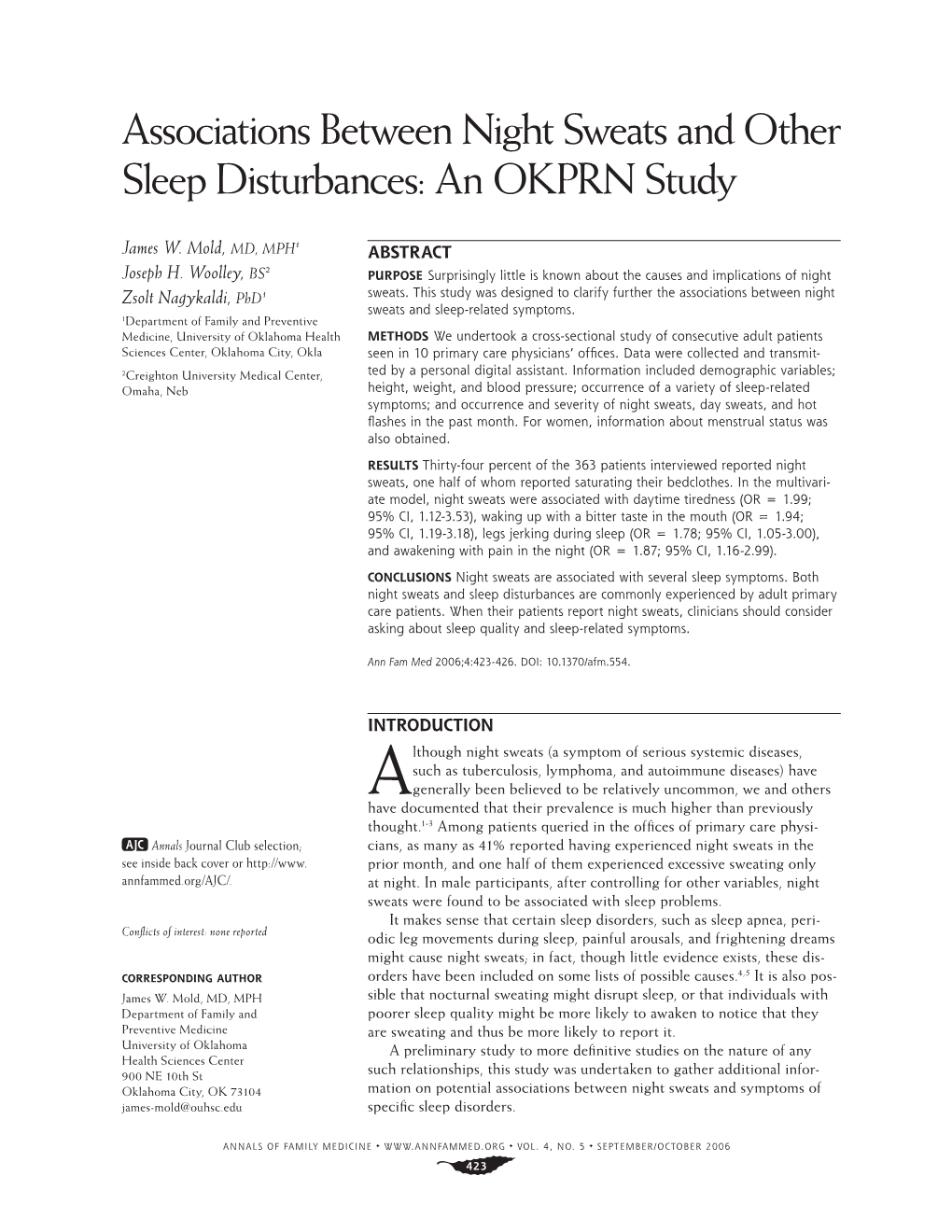 Associations Between Night Sweats and Other Sleep Disturbances: an OKPRN Study