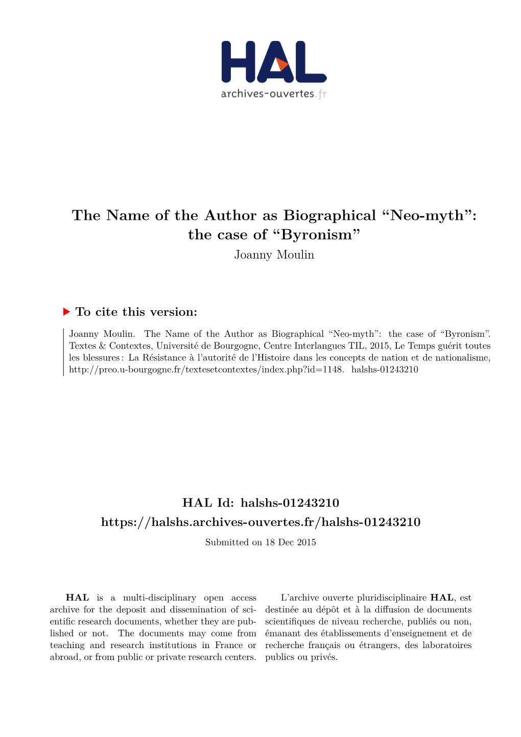 The Name of the Author As Biographical ``Neo-Myth