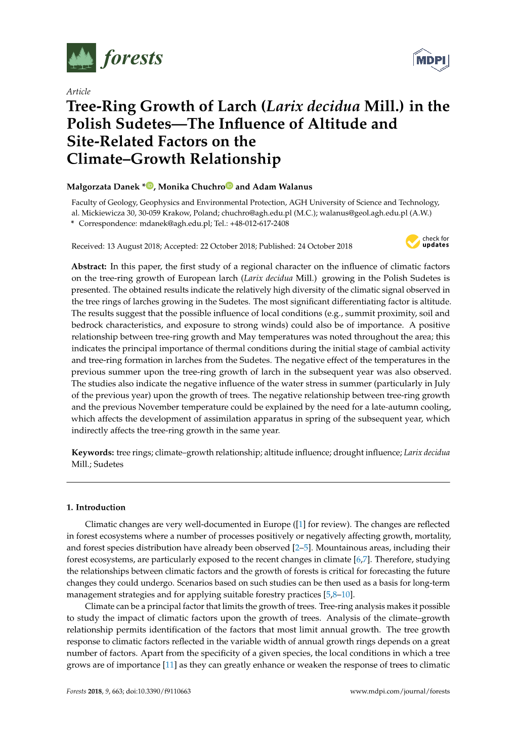 Tree-Ring Growth of Larch (Larix Decidua Mill.) in the Polish Sudetes—The Inﬂuence of Altitude and Site-Related Factors on the Climate–Growth Relationship