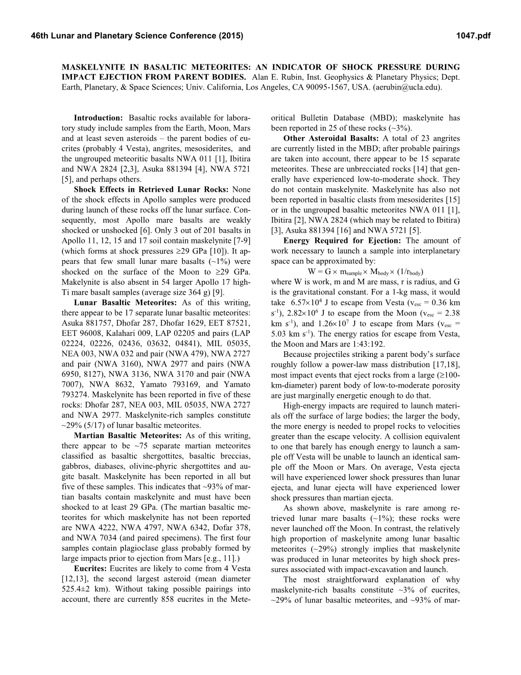 Maskelynite in Basaltic Meteorites: an Indicator of Shock Pressure During Impact Ejection from Parent Bodies