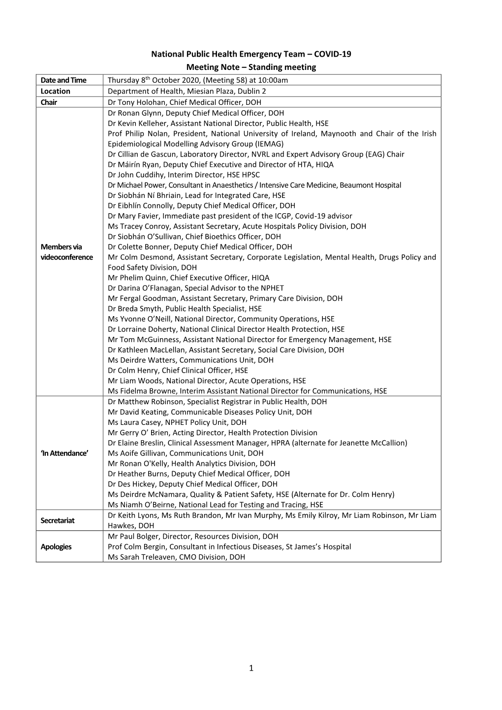 1 National Public Health Emergency Team – COVID-19 Meeting Note