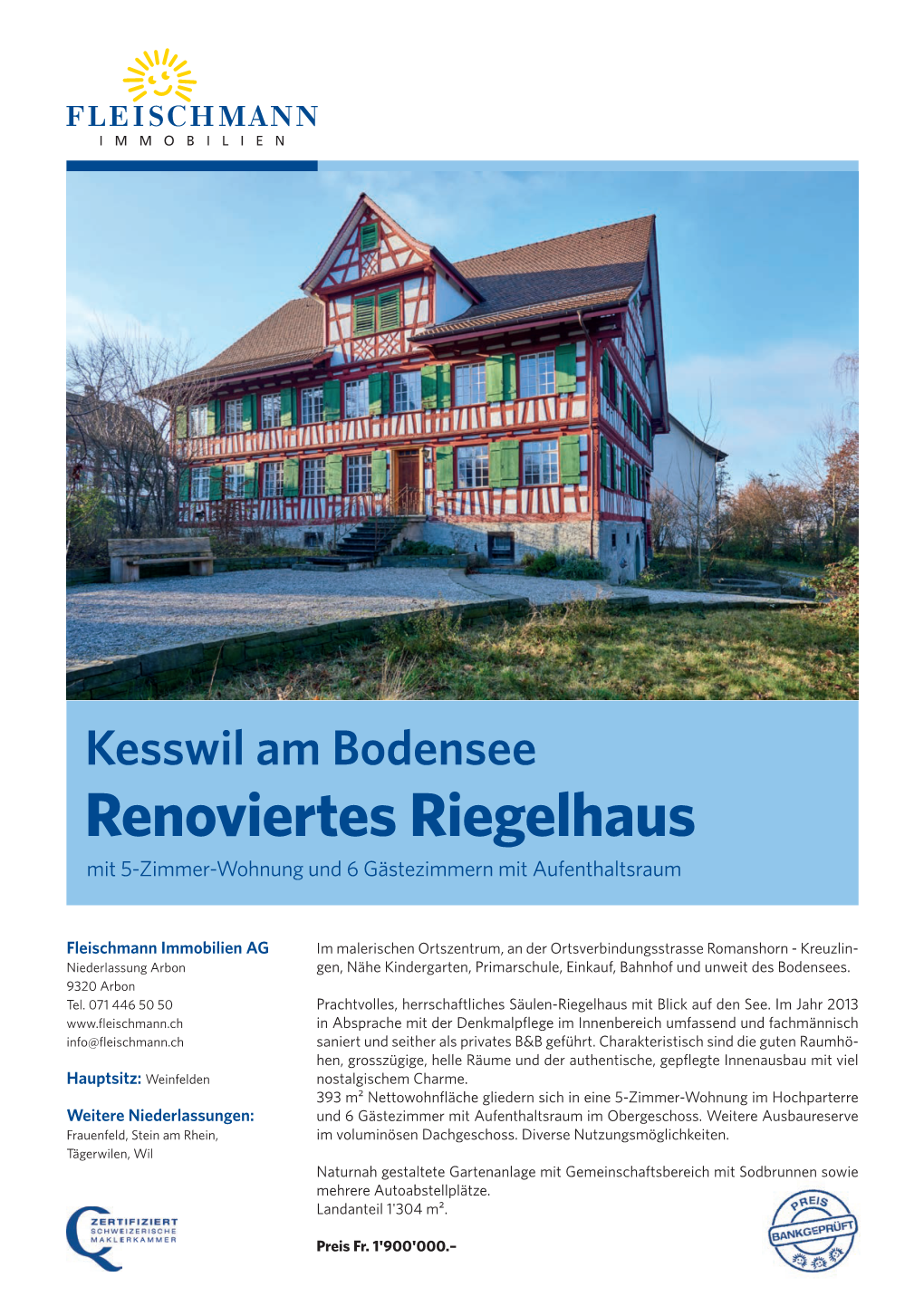 Kesswil Am Bodensee Renoviertes Riegelhaus Mit 5-Zimmer-Wohnung Und 6 Gästezimmern Mit Aufenthaltsraum