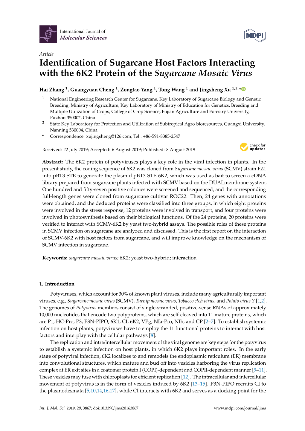 Identification of Sugarcane Host Factors Interacting with the 6K2 Protein of the Sugarcane Mosaic Virus