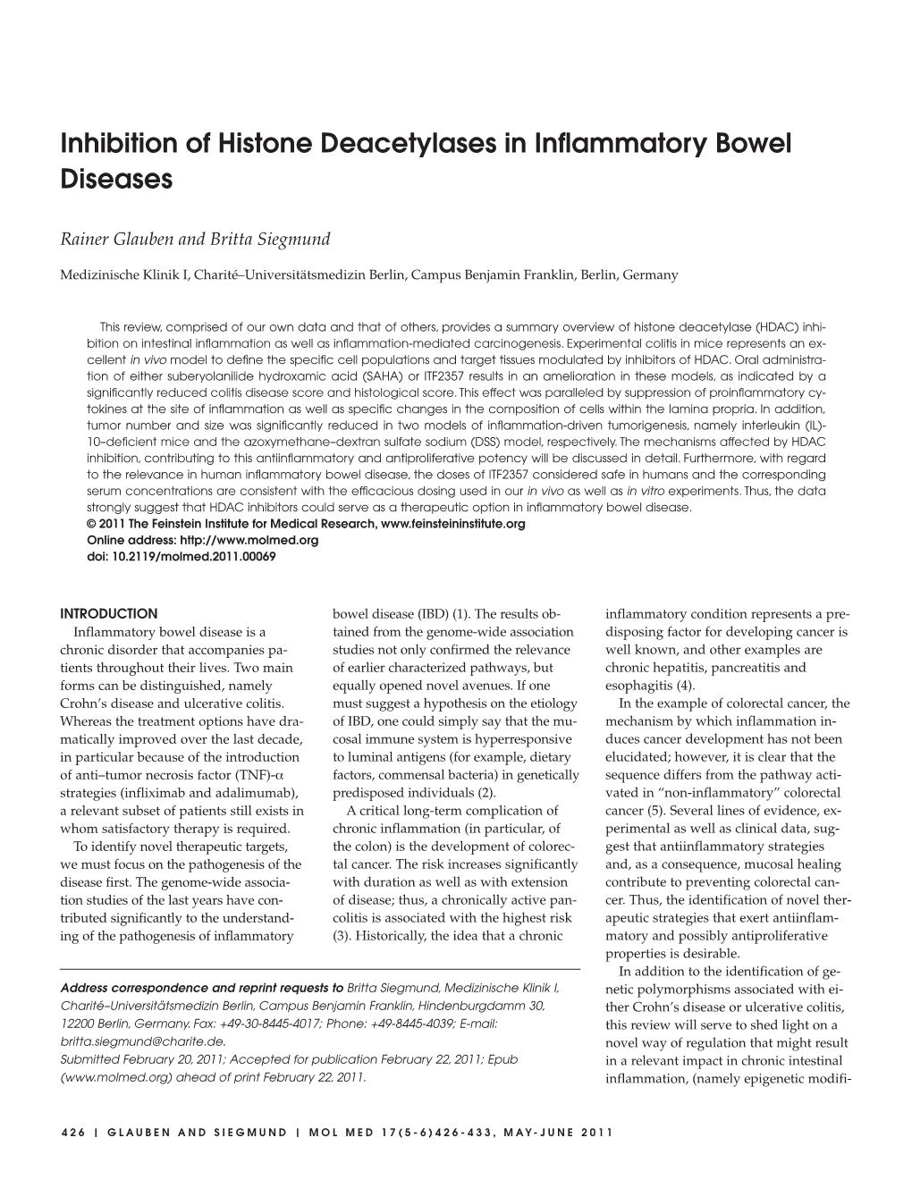 Inhibition of Histone Deacetylases in Inflammatory Bowel Diseases