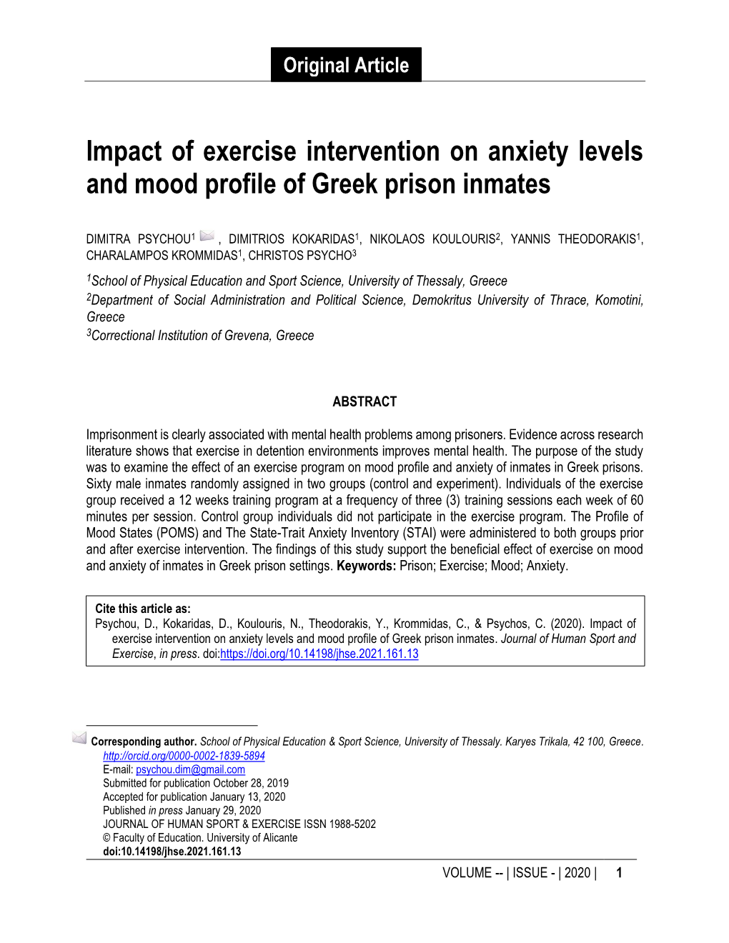 Impact of Exercise Intervention on Anxiety Levels and Mood Profile of Greek Prison Inmates