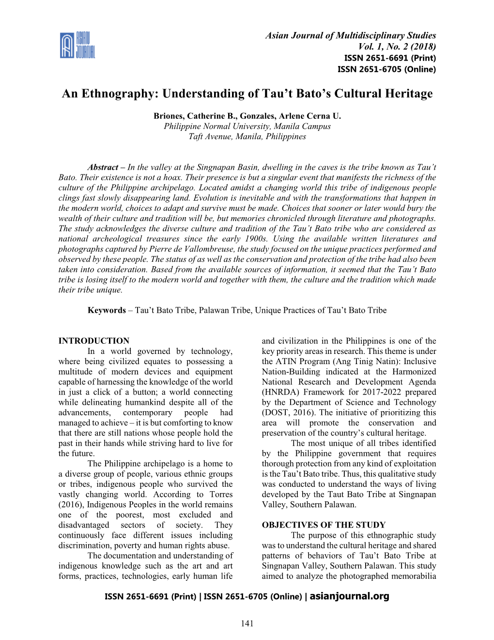 An Ethnography: Understanding of Tau't Bato's Cultural Heritage