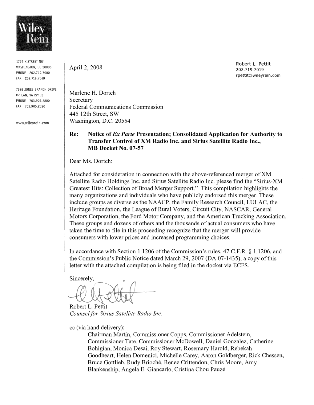 Notice Ofex Parte Presentation; Consolidated Application for Authority to Transfer Control Ofxm Radio Inc