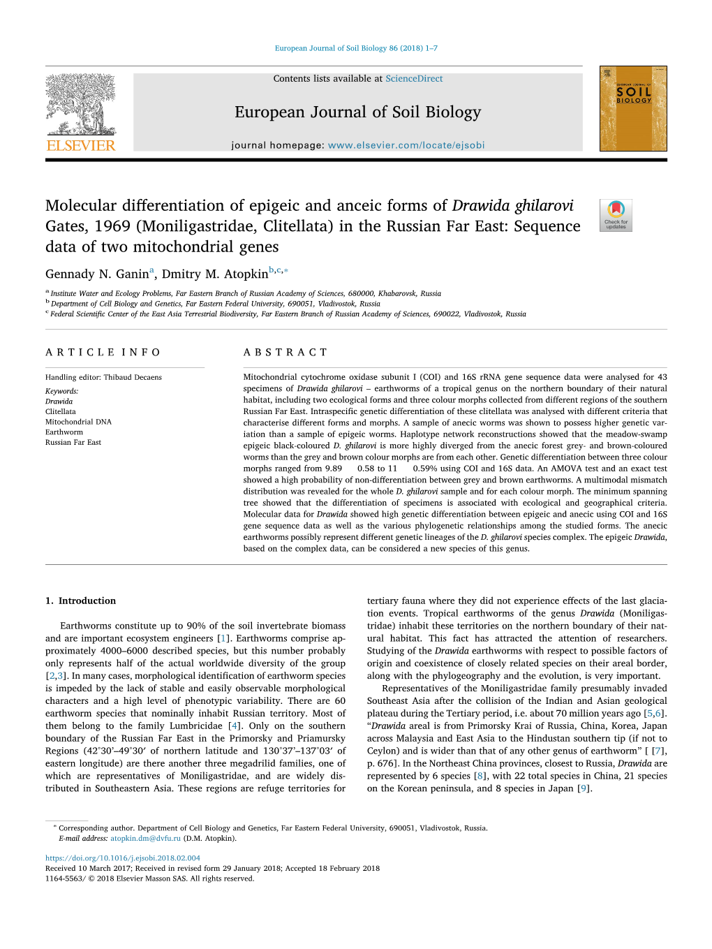 (Moniligastridae, Clitellata) in the Russian Far East: Sequence Data of Two Mitochondrial Genes