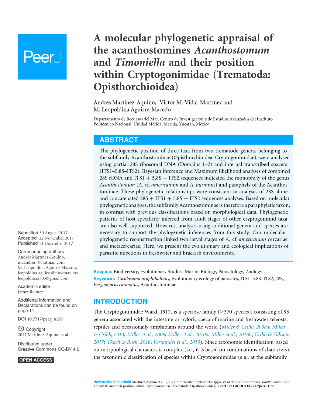 A Molecular Phylogenetic Appraisal of the Acanthostomines Acanthostomum and Timoniella and Their Position Within Cryptogonimidae (Trematoda: Opisthorchioidea)