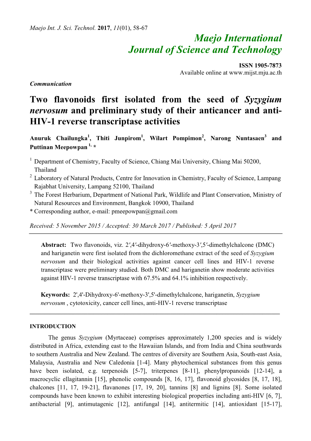 Syzygium Nervosum and Preliminary Study of Their Anticancer and Anti- HIV-1 Reverse Transcriptase Activities