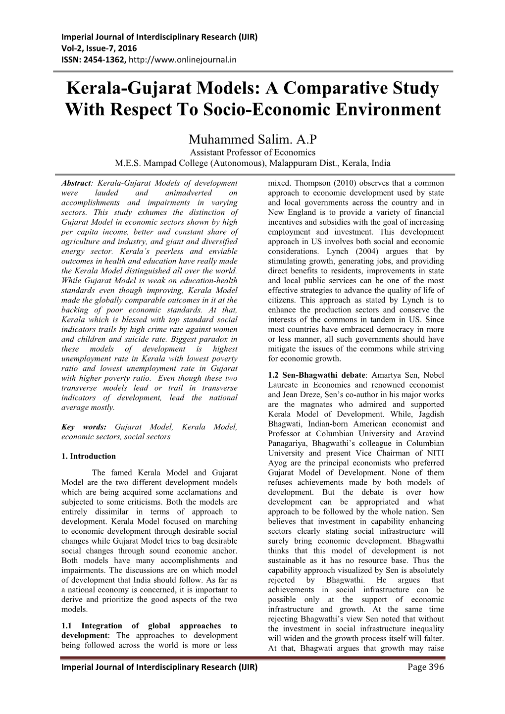 Kerala-Gujarat Models: a Comparative Study with Respect to Socio-Economic Environment