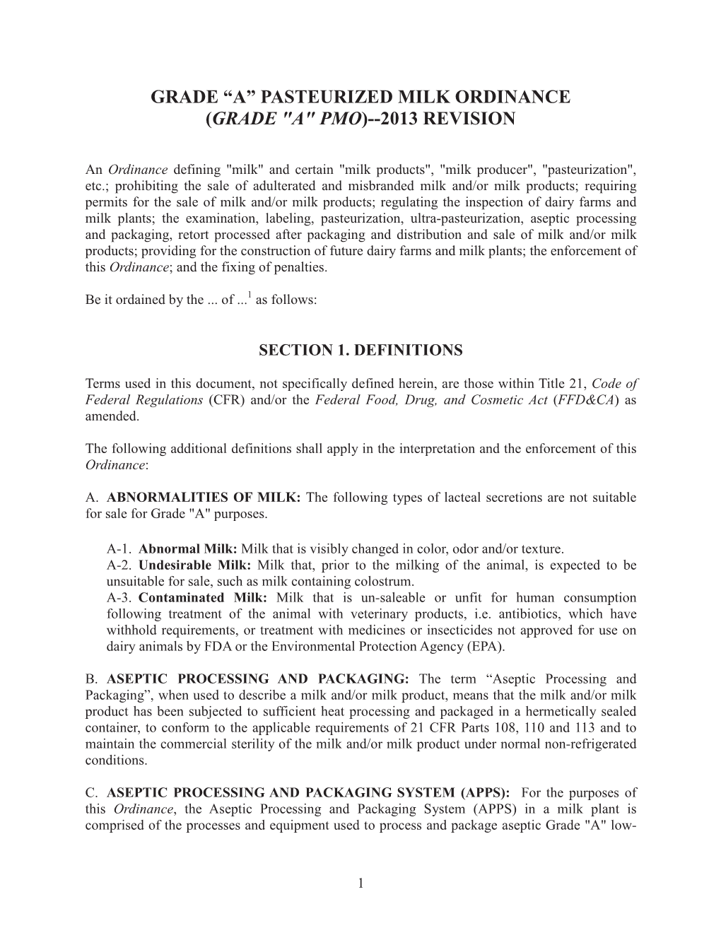 Pasteurized Milk Ordinance (Grade 