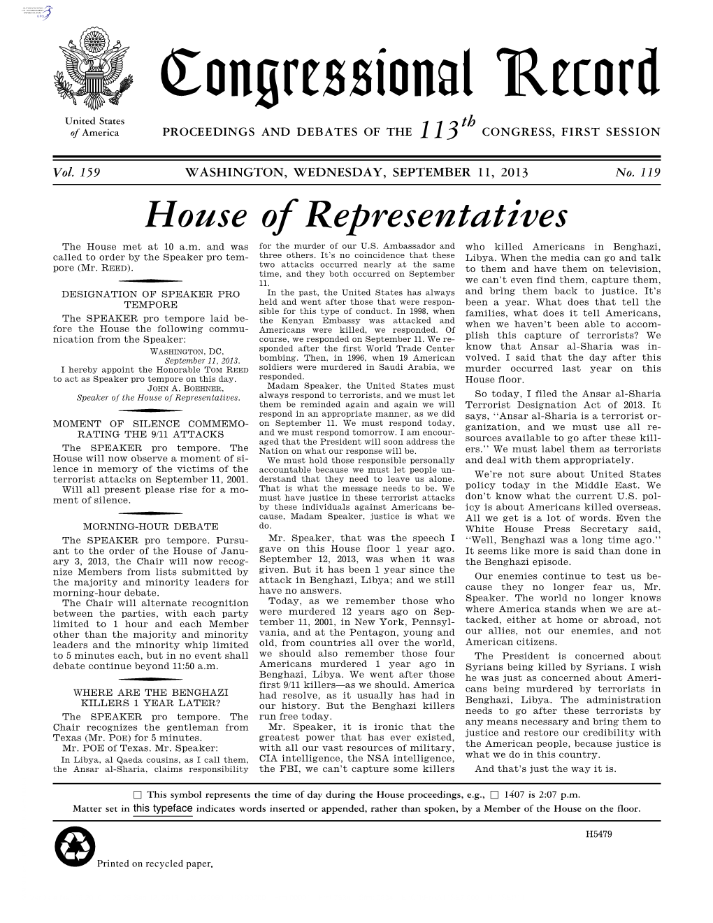 Congressional Record United States Th of America PROCEEDINGS and DEBATES of the 113 CONGRESS, FIRST SESSION