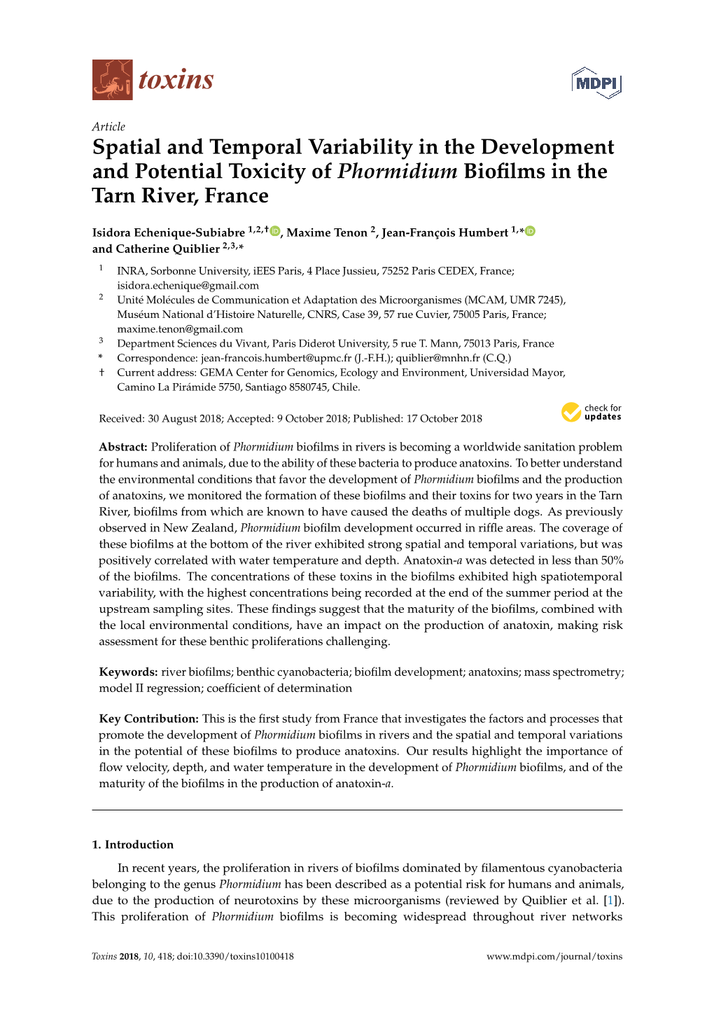 Spatial and Temporal Variability in the Development and Potential Toxicity of Phormidium Bioﬁlms in the Tarn River, France