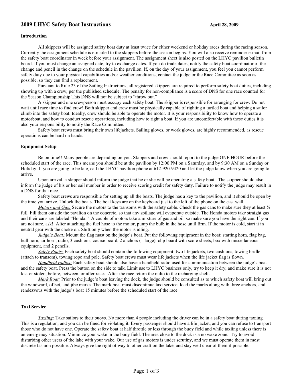 2009 LHYC Safety Boat Instructions April 28, 2009