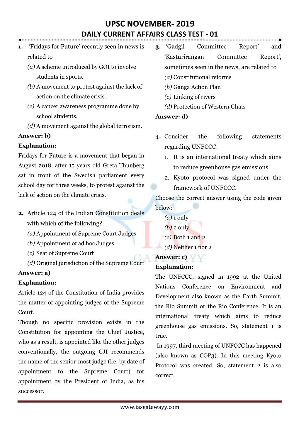 Upsc November- 2019 Daily Current Affairs Class Test - 01 1