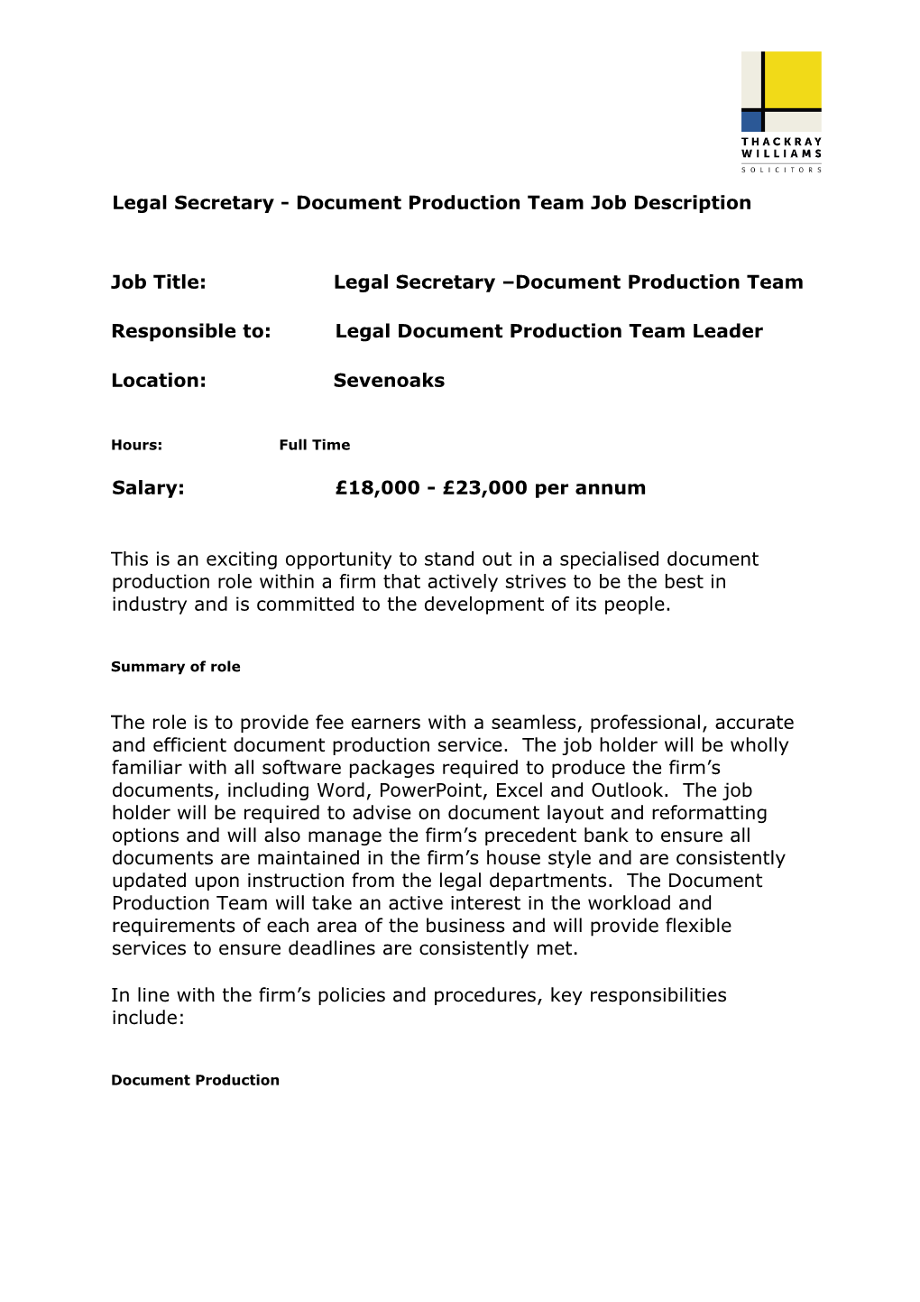 Legal Secretary - Document Production Team Job Description