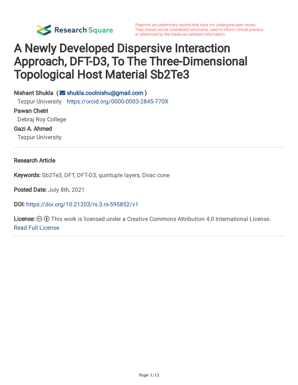 A Newly Developed Dispersive Interaction Approach, DFT-D3, to the Three-Dimensional Topological Host Material Sb2te3