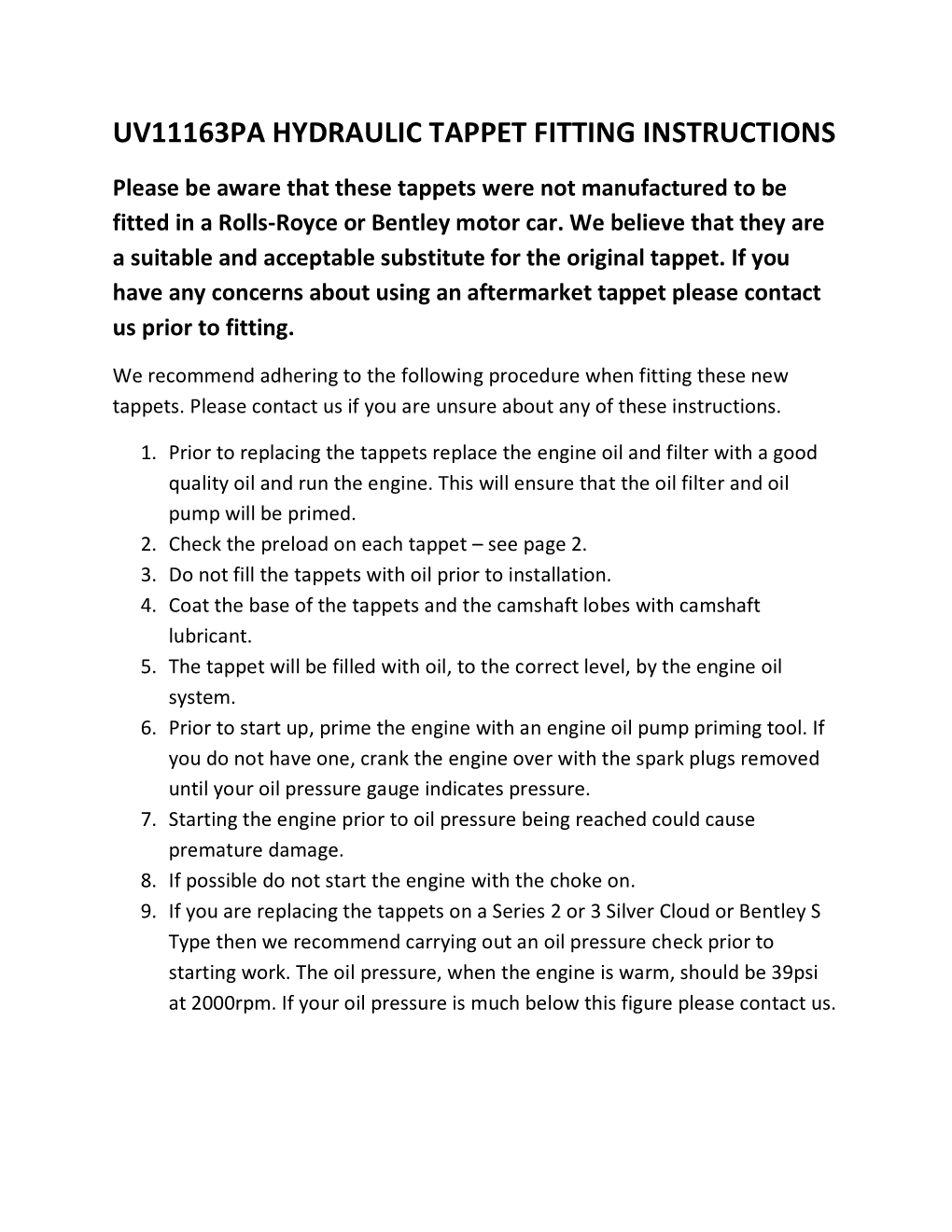 Uv11163pa Hydraulic Tappet Fitting Instructions