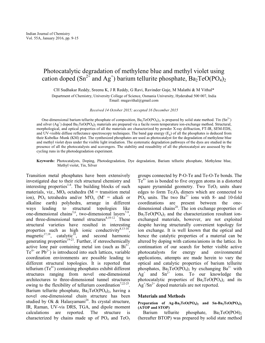 Photocatalytic Degradation of Methylene Blue and Methyl Violet Using 2+ + Cation Doped (Sn and Ag ) Barium Tellurite Phosphate, Ba2teo(PO4)2