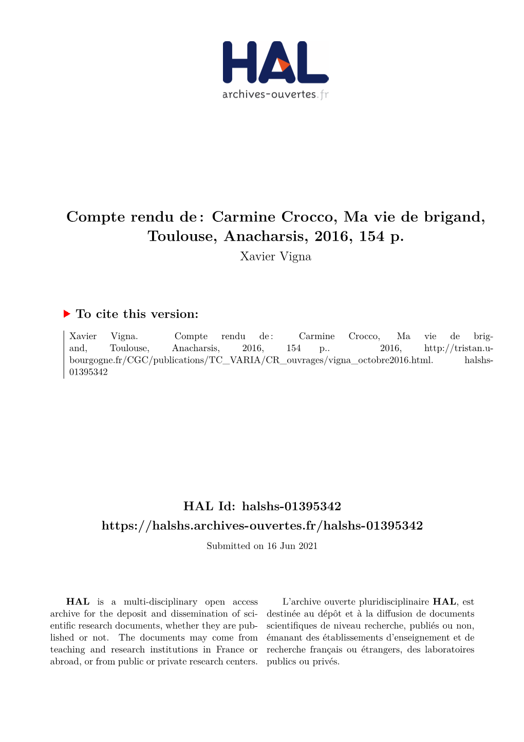 Carmine Crocco, Ma Vie De Brigand, Toulouse, Anacharsis, 2016, 154 P
