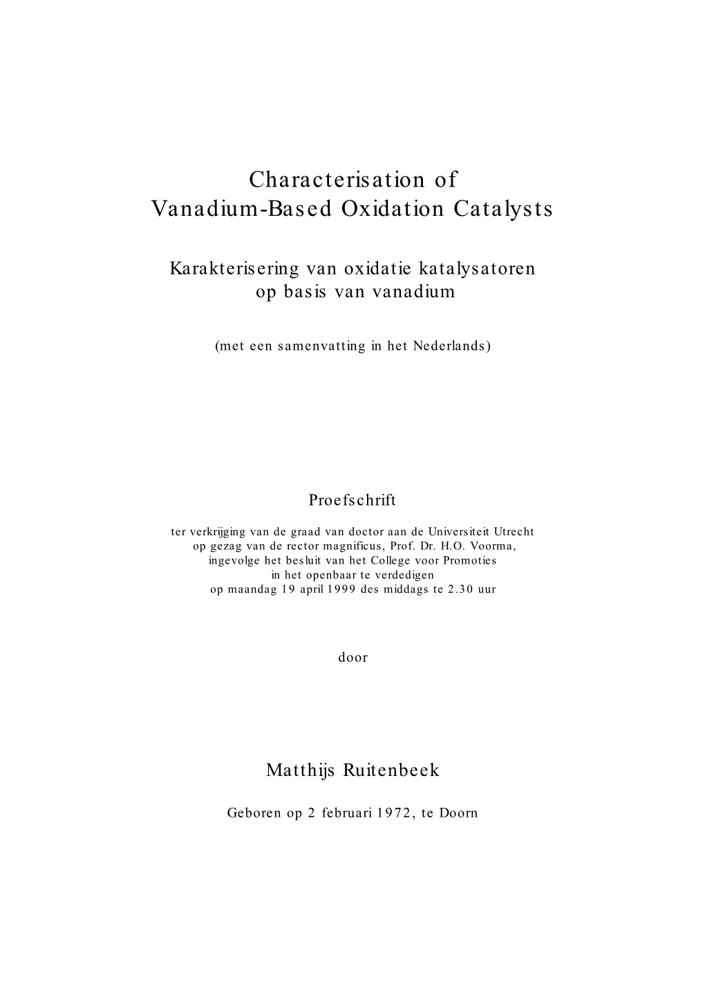 Characterisation of Vanadium-Based Oxidation Catalysts