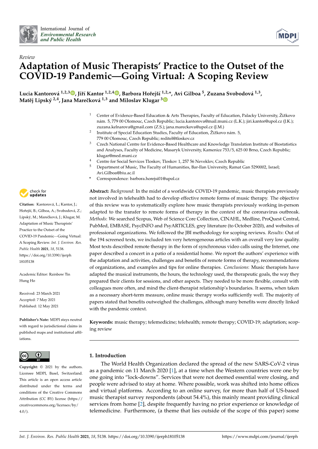 Adaptation of Music Therapists' Practice to the Outset of the COVID