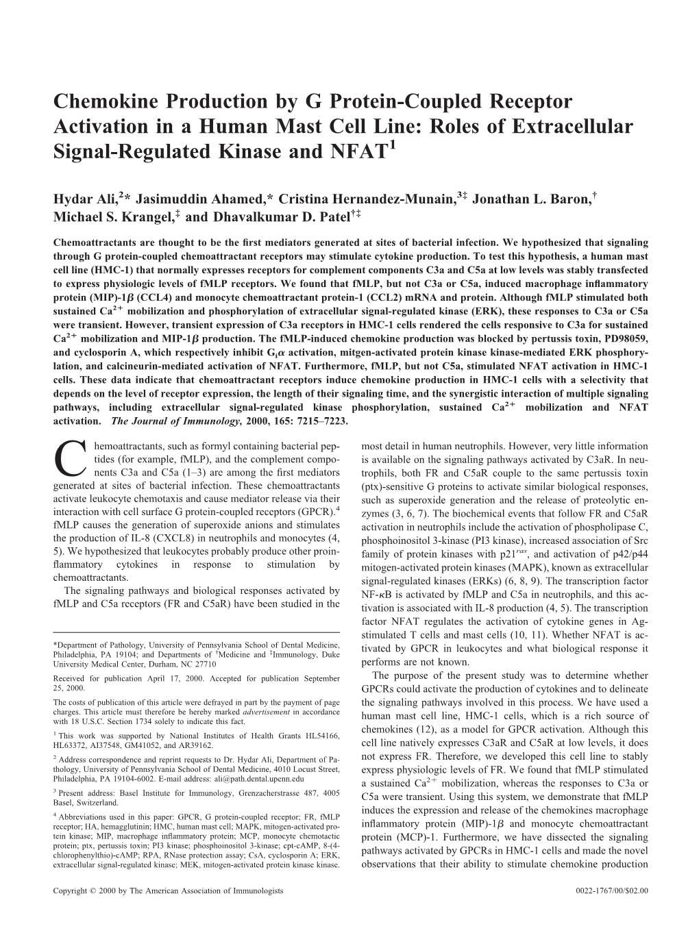Kinase and NFAT Line: Roles of Extracellular Signal-Regulated Receptor Activation in a Human Mast Cell Chemokine Production by G