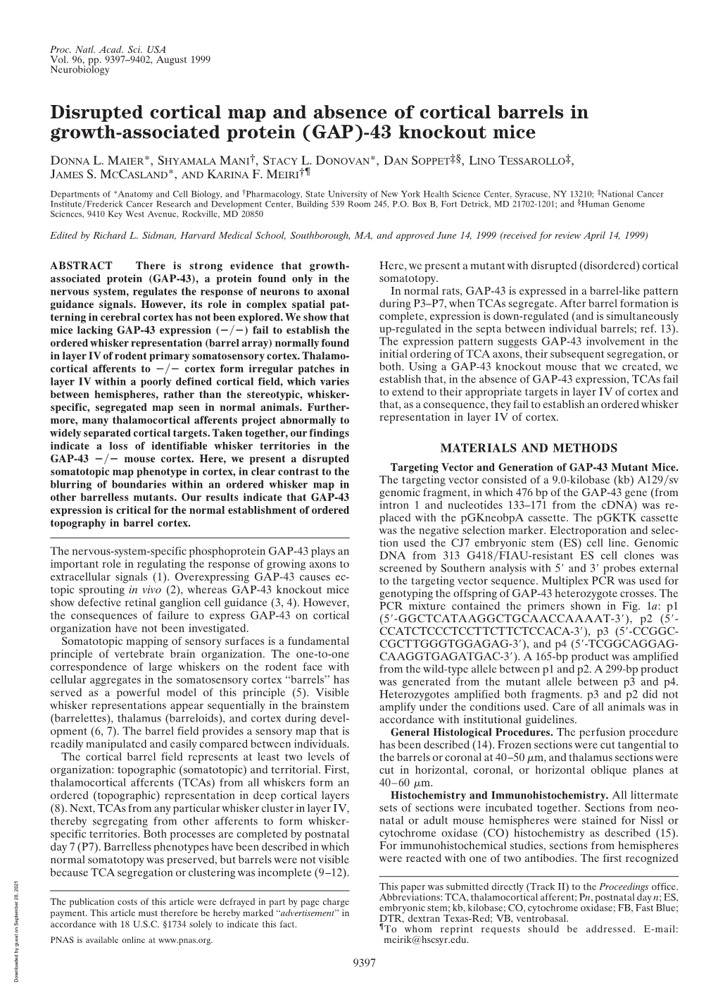 Disrupted Cortical Map and Absence of Cortical Barrels in Growth-Associated Protein (GAP)-43 Knockout Mice