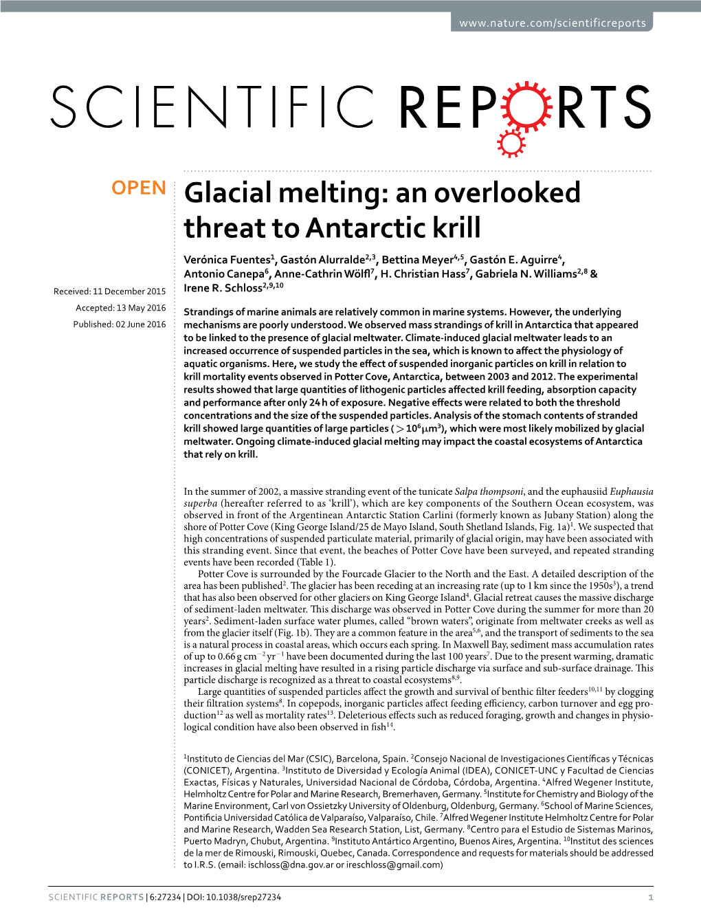 Glacial Melting: an Overlooked Threat to Antarctic Krill Verónica Fuentes1, Gastón Alurralde2,3, Bettina Meyer4,5, Gastón E