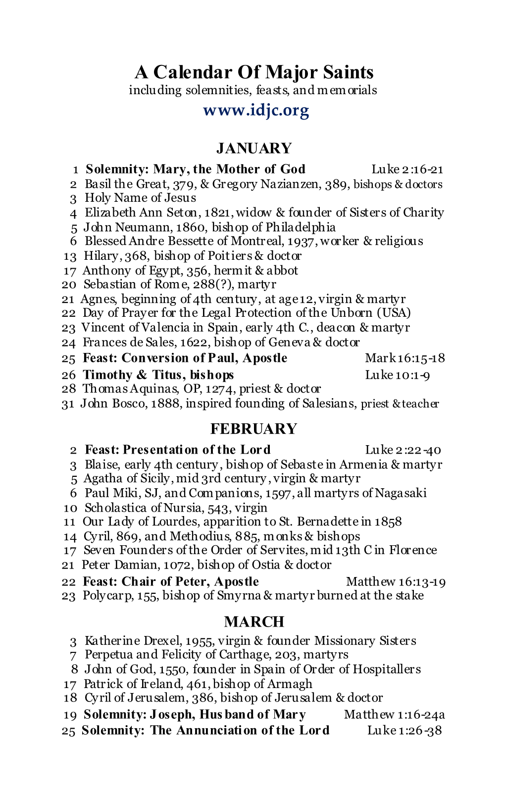 A Calendar of Major Saints Including Solemnities, Feasts, and Memorials