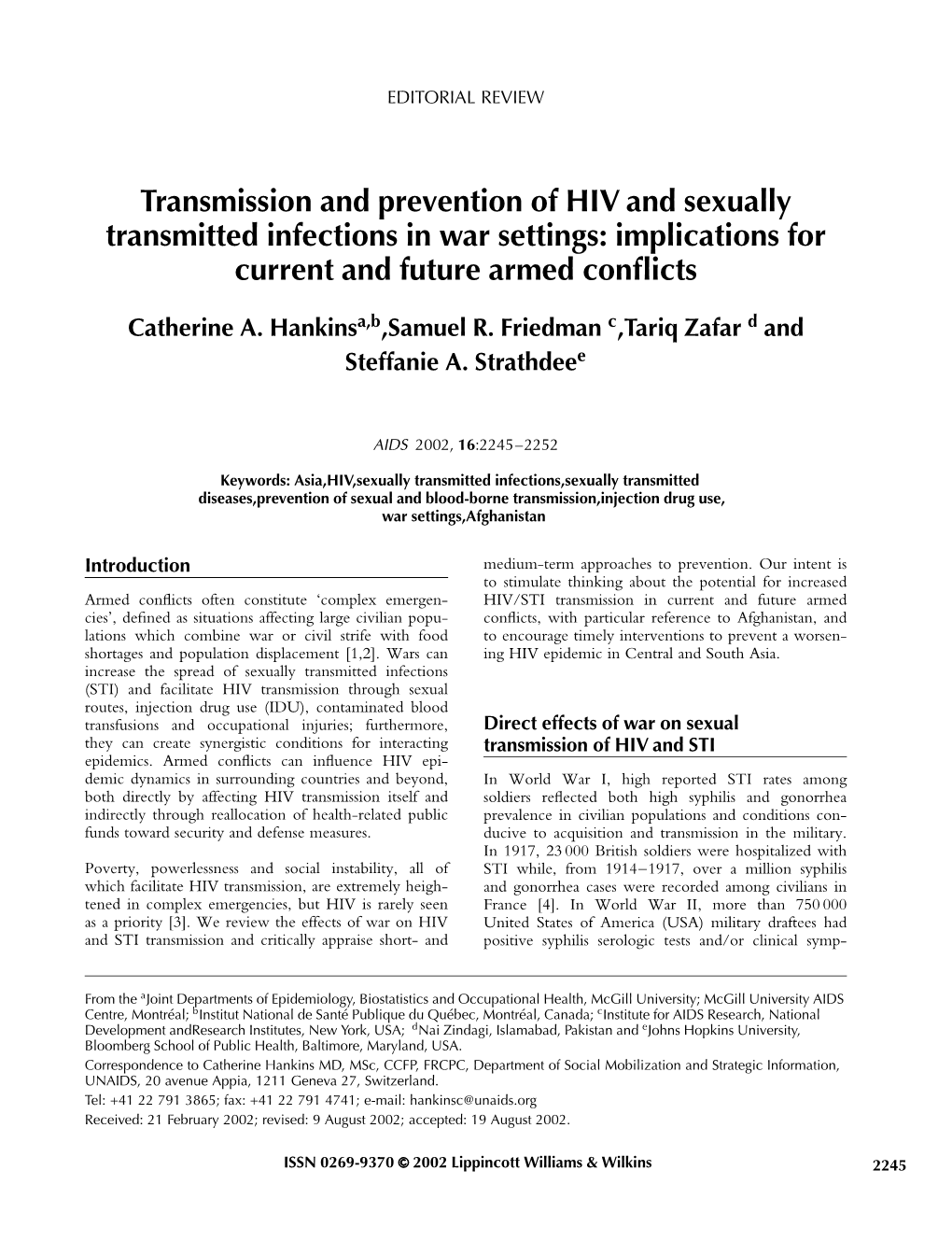 Transmission and Prevention of HIV and Sexually Transmitted Infections in War Settings: Implications for Current and Future Armed Conﬂicts