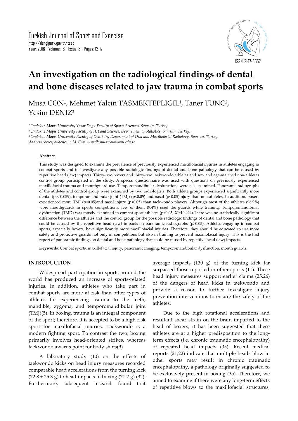 An Investigation on the Radiological Findings of Dental and Bone Diseases Related to Jaw Trauma in Combat Sports