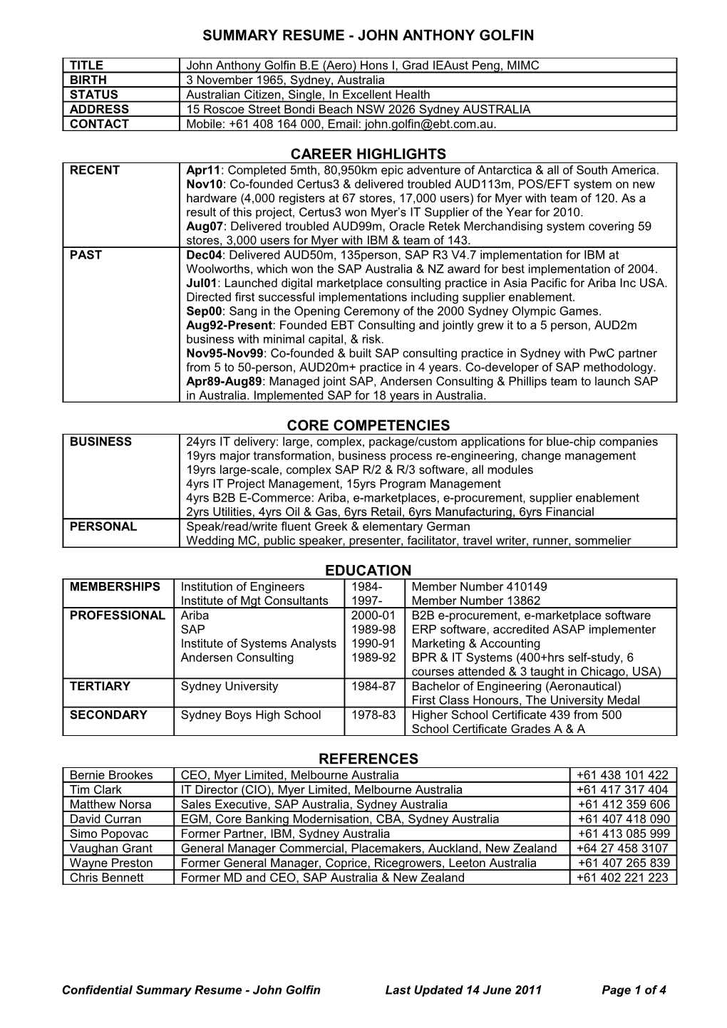 Summary Resume - John Anthony Golfin