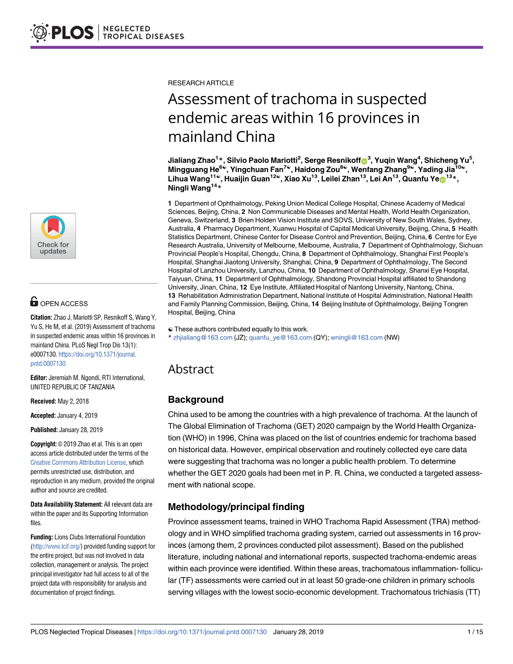 Assessment of Trachoma in Suspected Endemic Areas Within 16 Provinces in Mainland China