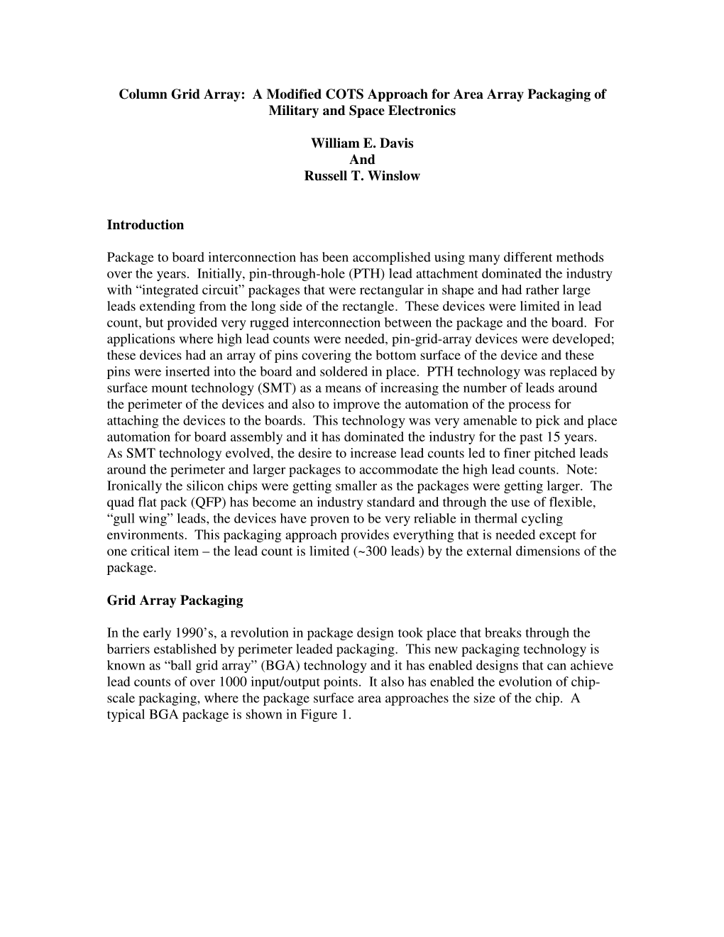 Column Grid Array: a Modified COTS Approach for Area Array Packaging of Military and Space Electronics