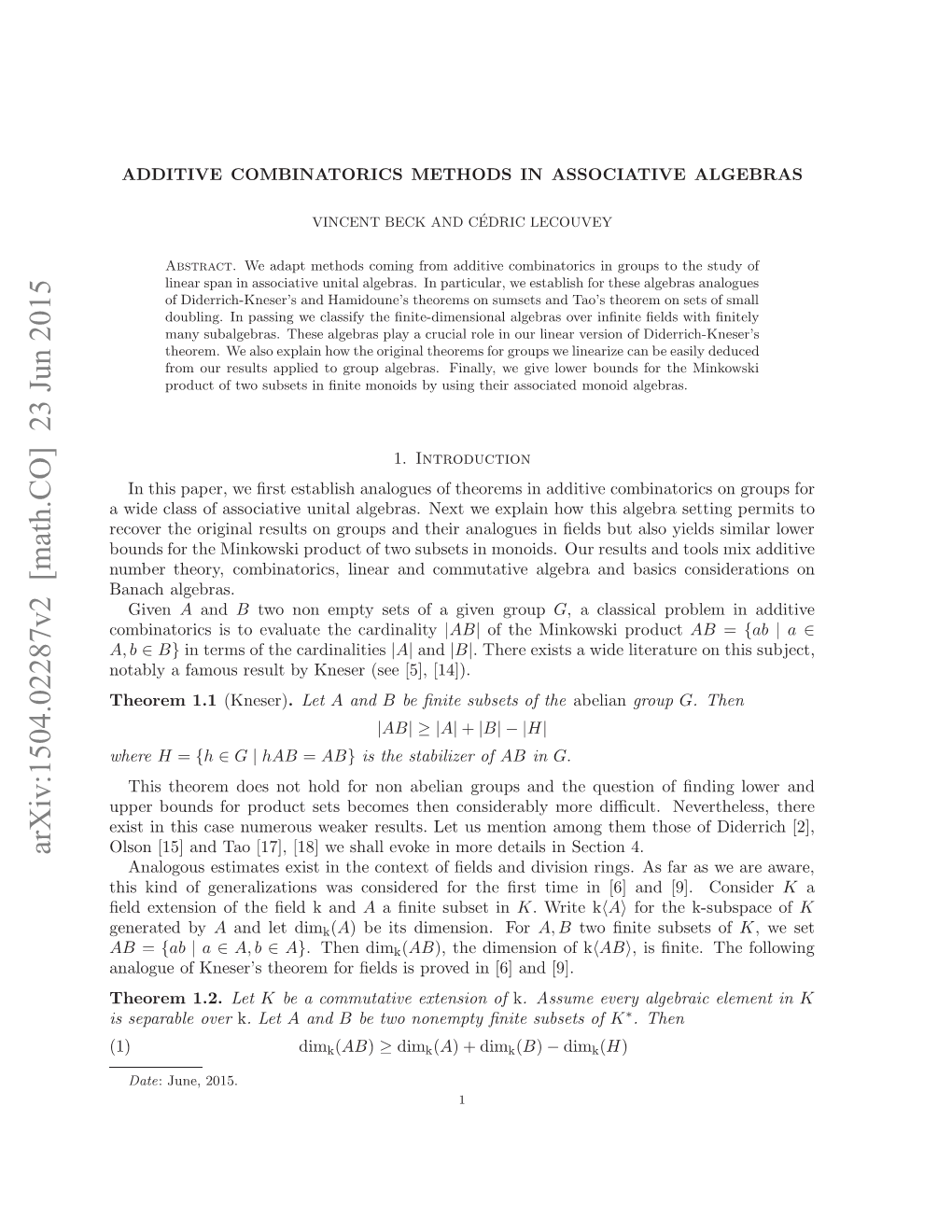 Additive Combinatorics Methods in Associative Algebras