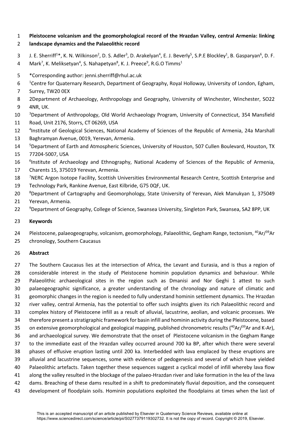 Pleistocene Volcanism and the Geomorphological Record of the Hrazdan Valley, Central Armenia: Linking 2 Landscape Dynamics and the Palaeolithic Record