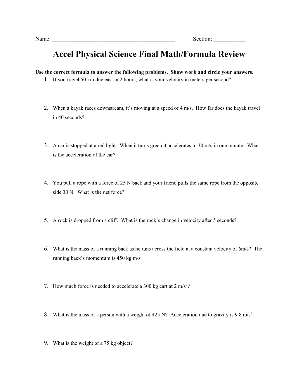 Accel Physical Science Final Math/Formula Review