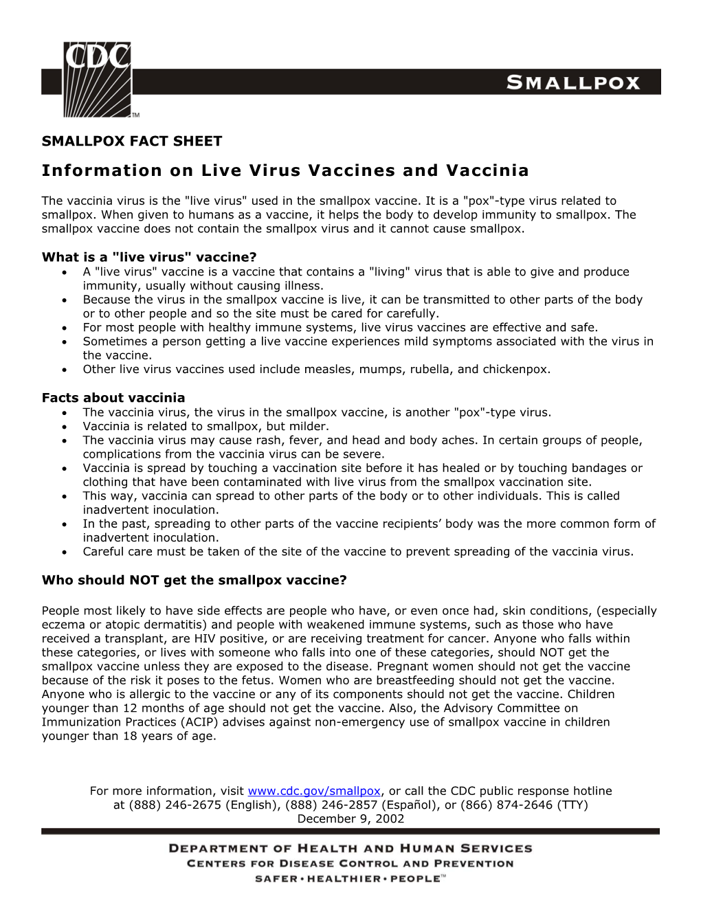 CDC Information on Live Virus Vaccines and Vaccinia